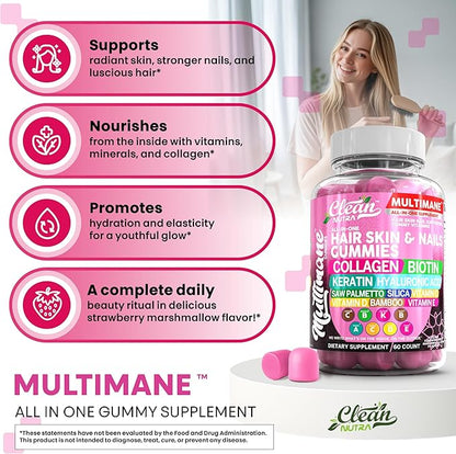 Clean Nutraceuticals Biotin Collagen Keratin Gummies | Hair Skin and Nails Vitamins for Women | Hyaluronic Acid Bamboo Vitamin A C D3 E Folate with Saw Palmetto Silica B3 B12 Vegan Gummy