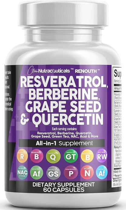 Clean Resveratrol Supplement | Berberine Grape Seed Extract Quercetin Green Tea Extract Acai Noni Polyphenol Supplement for Women & Men N-Acetyl Cysteine
