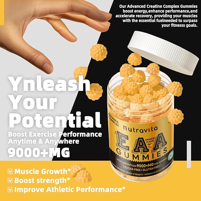 Nutravita EAA Gummies 120 Gummies (Orange), Essential Amino Acids - All 9 Essential Aminos (EAA) and All Branched-Chain Aminos (BCAAs), Non-GMO, Gluten Free, Vegetarian Friendly