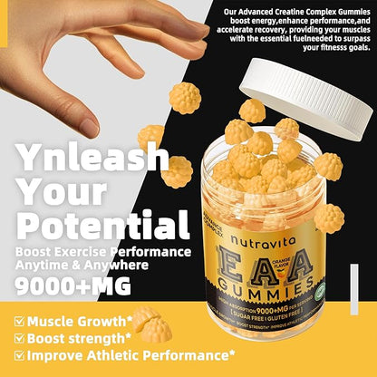 Nutravita EAA Gummies 120 Gummies (Orange), Essential Amino Acids - All 9 Essential Aminos (EAA) and All Branched-Chain Aminos (BCAAs), Non-GMO, Gluten Free, Vegetarian Friendly