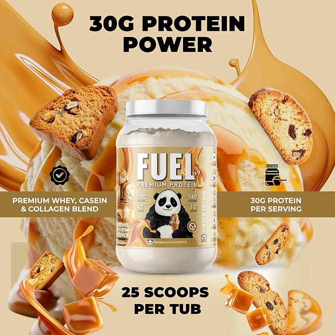 Underground Bio Labs Panda Fuel Premium Protein Whey,Hydrolyzed Collagen,Casein,Probiotics, Enzymes, Keto Friendly,Time Release, 25 Servings (2.5 Pound, Caramel Ice Cream Crunch)