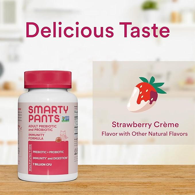 SmartyPants Adult Probiotic & Prebiotic Gummies for Digestive Health: Gut Health Supplement, Clinically Studied Prebiotic for Immune Support, Strawberry, 60 Count (30 Day Supply) (Pack of 2)