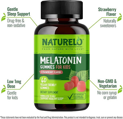 NATURELO Melatonin Gummies for Kids Non-GMO, Gluten-Free, Soy Free - Strawberry Flavor - Gentle Sleep Supplement - 60 Vegetarian Gummies