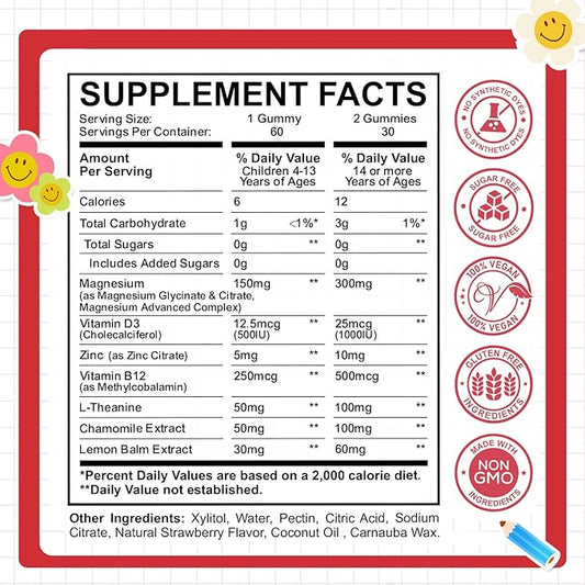 Kids Magnesium Glycinate Gummies, Magnesium for Kids & Adults with Citrate, Zinc, Vitamin D3, B12, L-Theanine Supplement for Sleep Bone & Muscle Mood, Strawberry, 60ct