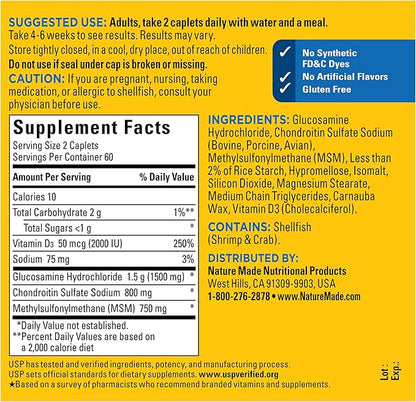 Nature Made Glucosamine Chondroitin Complex with MSM, Dietary MSM Glucosamine Chondroitin Supplement for Joint Support, 120 Caplets, 60 Day Supply