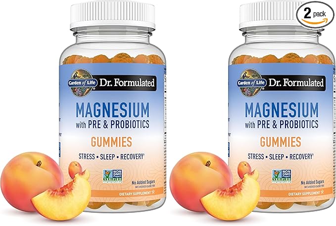 Garden of Life Magnesium Citrate Supplement Gummies with Prebiotics & Probiotics for Stress,Sleep & Recovery - Vegan,Gluten Free,Kosher,Non-GMO,No Added Sugars,Peach Flavor,60 Count (Pack of 2)