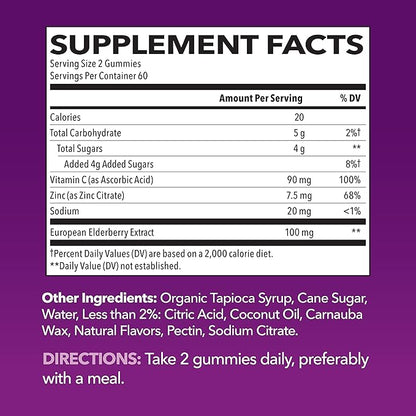 Sambucus Elderberry Gummies for Adults - Immune Support Supplement with Vitamin C and Zinc - Enhanced Formula for Daily Defense - 120 Count, 2 Month Supply, Berry Flavor - Convenient Wellness