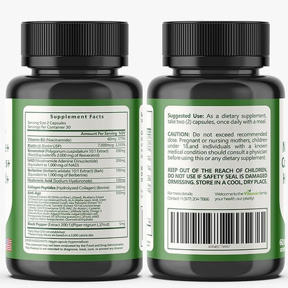 NAD Resveratrol Supplement 200mg with Berberine NAC Collagen - Nicotinamide Riboside NMN NADH CoQ10 Biotin Hyaluronic Acid - Hair Skin Nails Supplement - 60 Capsules