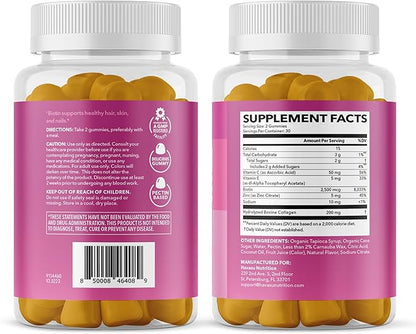 Collagen Gummies for Women and Men with 2500mcg Biotin, Zinc, Vitamin C & E - Hydrolyzed Collagen Gummies for Hair, Skin & Nail Support - Biotin and Collagen Gummies - Lemon Flavor - 30 Servings