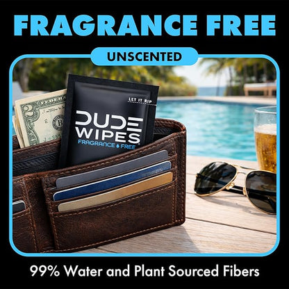 DUDE Wipes On-The-Go Unscented Travel Wipes - 30 Count (Individually Wrapped) - Extra-Large Adult Flushable Wipes for Sensitive Skin - Infused with Vitamin E and Aloe - Septic and Sewer Safe