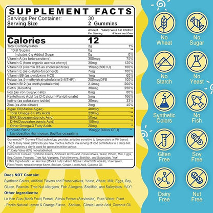 Kids Multivitamin Gummies with Iron, Sugar Free, Kids Daily Vitamins + Probiotics, Algae Omega 3 (EPA/DHA), A, C, D, Methyl B12, Folate, B6, Zinc, Biotin, for Healthy Growth, Immune Support, 60 Count