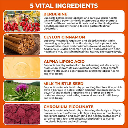 Berberine Supplement with Ceylon Cinnamon, Chromium, Alpha Lipoic Acid, Metabolic Care Supports Metabolism & Cardiovascular Health and Immune System, Helps Maintain Steady Energy Levels