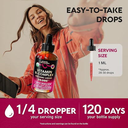 USDA Organic Vitamin B-Complex B5 Pantothenic Acid | B12 Methylcobalamin | B1 Thiamine | B6 Pyridoxine | B7 Biotin | B9 Folic | B3 Niacinamide - B Complex Liquid Drops, Made in USA Supplement, 4fl oz