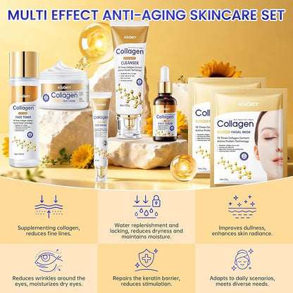 Collagen Skin Care Set - 7PCS Moisturizing Skin Care Set Reduce Wrinkles & Fine Lines, Long-Lasting Oil Control, Firm Skin - With Cleanser, Toner, Serum, Eye Cream, Face Cream & Facial Masks