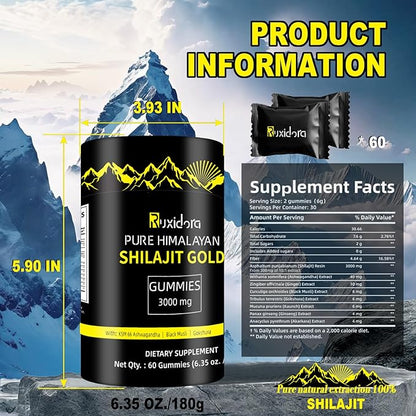 Shilajit Gummies,Pure Shilaljit Gummies,No Added Sugar,Non-GMO,Natural Organic,Ashwagandha, Gokshura | Fulvic Acid & 85+ Trace Minerals for Men- 60 Gummies(Individually Wrapped)