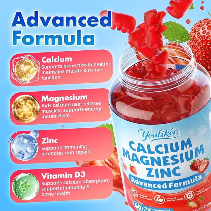 Calcium Magnesium Zinc Gummies for Adult, Calcium Citrate with Vitamin D3, High Absorption Calcium Magnesium Supplement for Women & Men, Sugar-Free, Strawberry Flavor, 60 Count