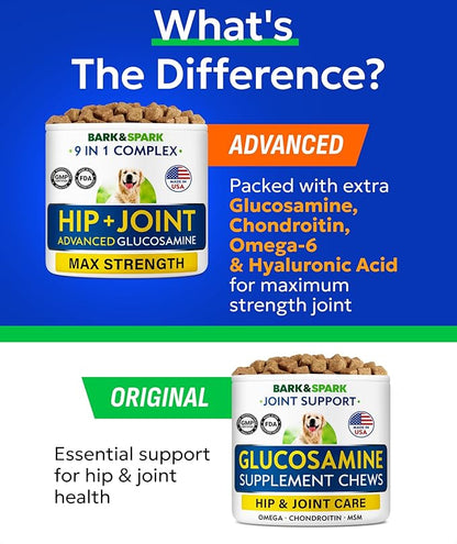 Bark&Spark Senior Advanced Glucosamine Chondroitin for Dogs - Hip Joint Pain Relief - Old Dog Joint Chews Large & Small Breed - Hip Joint Chews Joint Health Care Treats - 120Ct