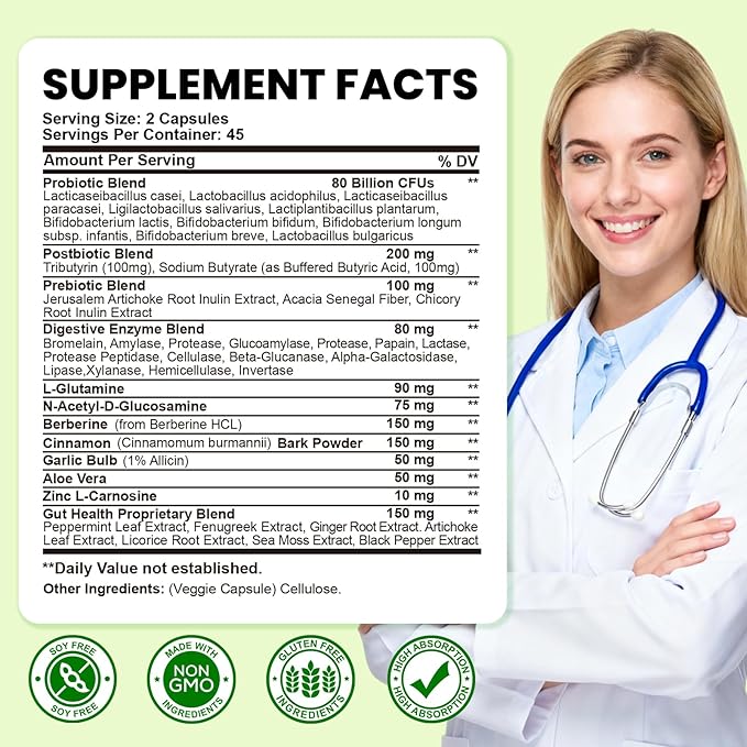 Gut Health Supplement with Prebiotics, Postbiotics & Probiotics for Digestive Health for Women & Men, 80 Billion CFU Probiotics for Gut and Digestion, Immune Support, 90 Capsules