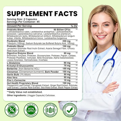 Gut Health Supplement with Prebiotics, Postbiotics & Probiotics for Digestive Health for Women & Men, 80 Billion CFU Probiotics for Gut and Digestion, Immune Support, 90 Capsules