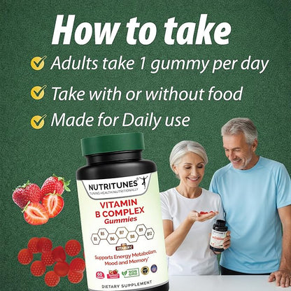 Vitamin B Complex Gummies–High Potency B Complex Vitamins Gummies with Methyl B12, Folate, Biotin & Vitamin C – Non-GMO, Vegan, Gluten-Free – 60 Gummies – Made in USA