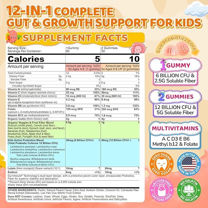 Kids Probiotic + Prebiotic Fiber Gummies 5G, 12 Billion CFU Probiotic & Veggie Fruit Fiber, w/ Organic Inulin, Methyl B12 B6 D3 C, Lutein for Children's Digestive & Gut, Immune Health, Sugar Free,60Ct