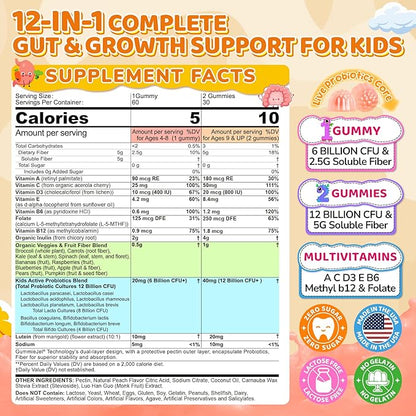 Kids Probiotic + Prebiotic Fiber Gummies 5G, 12 Billion CFU Probiotic & Veggie Fruit Fiber, w/ Organic Inulin, Methyl B12 B6 D3 C, Lutein for Children's Digestive & Gut, Immune Health, Sugar Free,60Ct