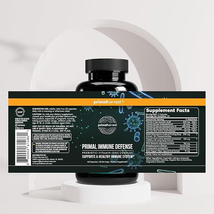 Primal Harvest Primal Immune Defense: 10-in-1 Immune Support with Probiotics, Zinc, Vitamins C, B6, D3 & K2, Immune Booster for Adults 60 Capsules (2-Pack)