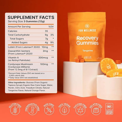 For Wellness Recovery Gummies | Tangerine Eye & Brain Support Supplements with Lutemax 2020®, Lutein, Zeaxanthin, Vitamin A & Cordyceps for Vision, Memory & Stress Support | Vegan, Non-GMO, 90 Count