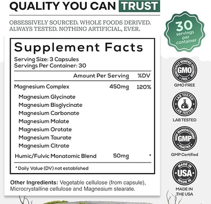 Wild Magnesium Complex for Women & Men – 7 Magnesium Forms in One: Glycinate, Citrate, Malate & More – High-Absorption Magnesio Complex with Fulvic Mineral Blend – 90 Capsules, 450 mg (Pack of 2)