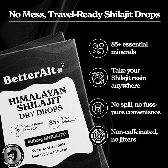 Better Alt Shilajit Dry Drops | Himalayan Superfood | Lab-Tested for Purity | Helps Improve Energy, Stamina | 1-Month Dietary Supplement