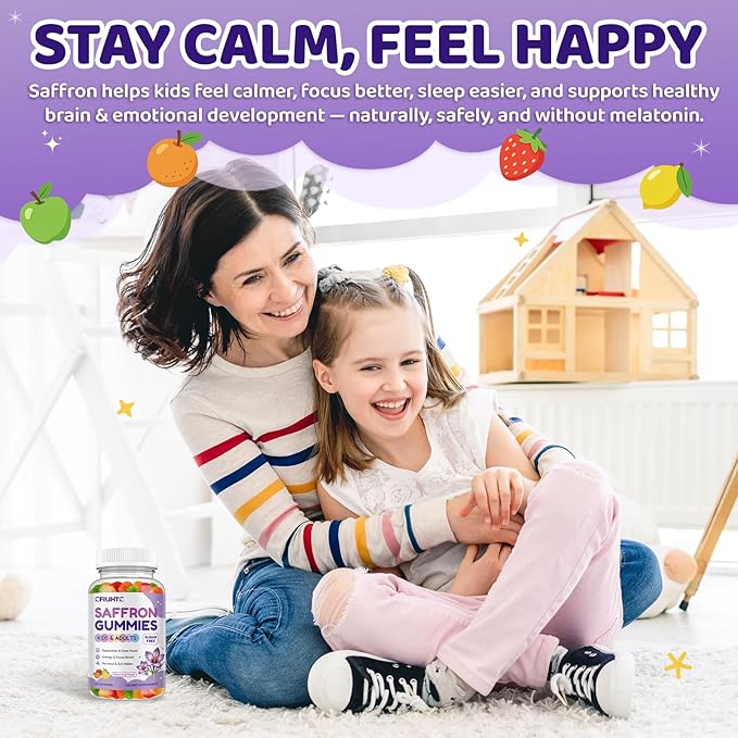 Saffron Gummies for Kids & Adults, 20-in-1 Saffron Supplements with 88.5mg Saffron Extract, B6, B12, C, D3, Magnesium for Calm, Focus, Nerve, Sugar Free, Vegan, Non-GMO, Mixed Fruit Flavor, 120 Counts