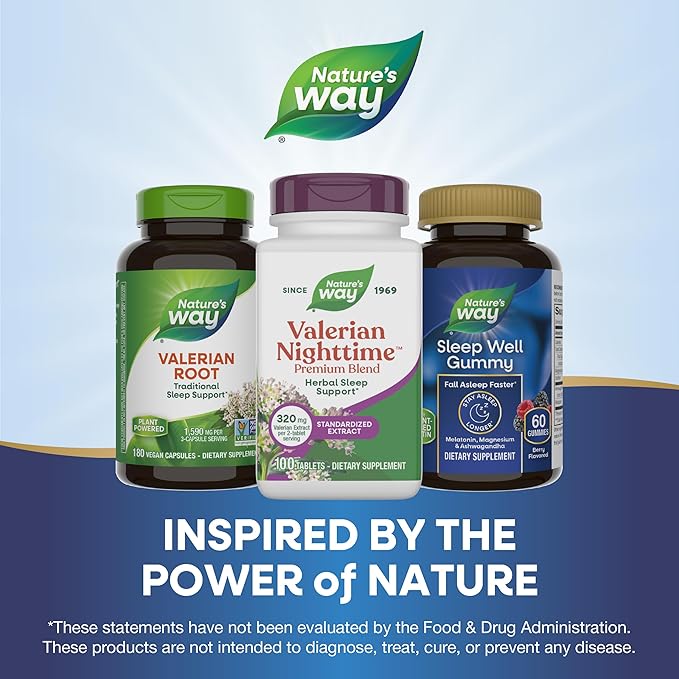 Nature's Way Valerian Nighttime Premium Blend, Herbal Sleep Support Supplements*, 320 mg of Valerian Extract per 2-tablet serving, Gluten-Free, 100 Tablets (Packaging May Vary)
