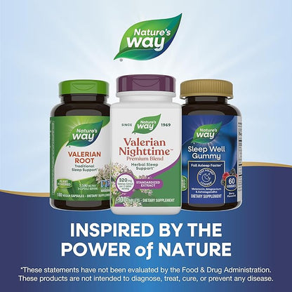Nature's Way Valerian Nighttime Premium Blend, Herbal Sleep Support Supplements*, 320 mg of Valerian Extract per 2-tablet serving, Gluten-Free, 100 Tablets (Packaging May Vary)