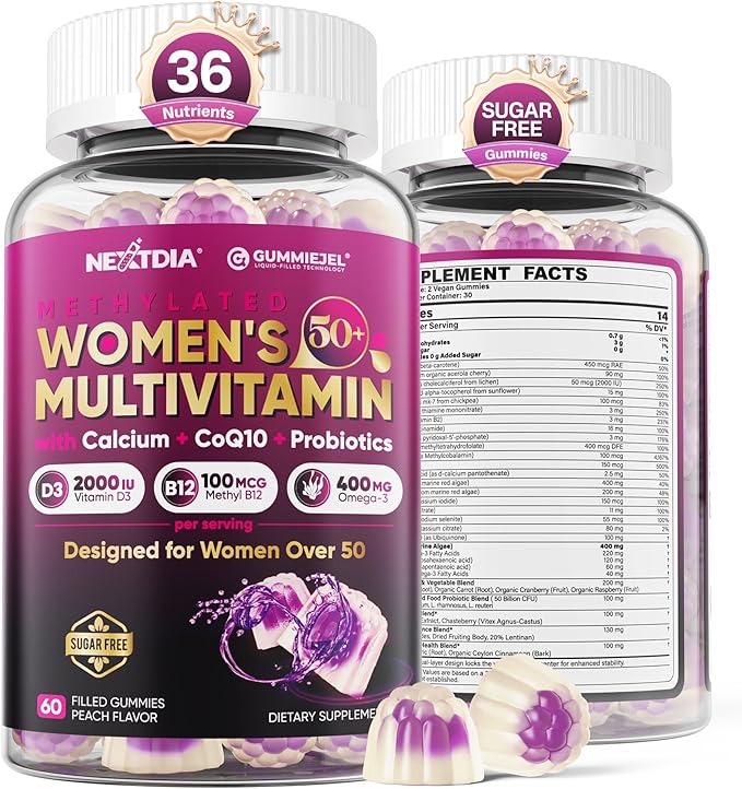 Multivitamin for Women 50 Plus Gummies, Vegan Omega 3, Methylfolate, Calcium, D3 K2, CoQ10, Daily Vitamin A C E, Methylated B12, Biotin, B Complex, Zinc - Bone, Energy, Longevity - Sugar Free, 60Count