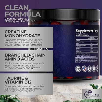 Creatine Monohydrate Gummies – Berry Flavored Creatine Supplements for Women and Men – 120Pcs Pre Workout Gummies with BCAA, Taurine, Vitamin B12 - Promote Energy Boost, Performance