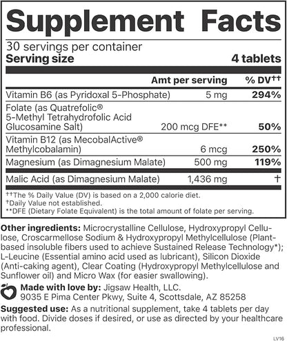 Jigsaw Health MagSRT | Magnesium Supplement with Vitamin B6, Folate & B12 | 120 Tablets | 30 Servings