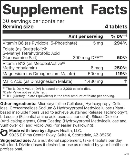 Jigsaw Health MagSRT | Magnesium Supplement with Vitamin B6, Folate & B12 | 120 Tablets | 30 Servings