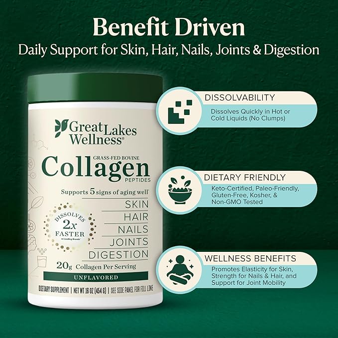 Great Lakes Wellness Collagen Peptides Powder – Supports Skin, Hair, Nails, Joints & Digestion – Hydrolyzed, Quick Dissolve, Non-GMO, Keto & Kosher – Pure Collagen Protein (16 oz, 22 Servings)