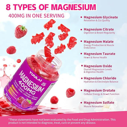 Magnesium Complex Gummies 400mg, Magnesium Glycinate, Malate, Citrate, Taurate, Oxide & More | w/Ashwagandha Extract, D3 & B12 for Calm, Zzz, Relaxation, Muscle Cramp, Raspberry Flavor, 60 Count