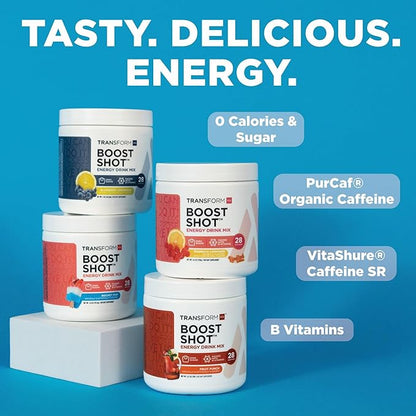 TransformHQ Energy & Focus Powder (Strawberry Lemonade) - Boost Shot Clean Energy Drink Mix - Sugar Free - Non-GMO, Gluten-Free, 28 Servings