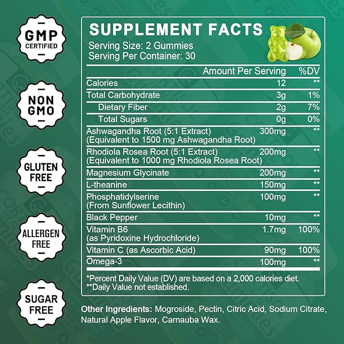 Sugar-free Cortisol Gummies, 9-in-1 Cortisol Supplement for Women with Magnesium, Ashwagandha, Rhodiola, Phosphatidylserine, L-Theanine, Black Pepper, Vitamin C & B6 - Relaxation, Focus, Sleep Support
