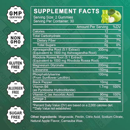 Cortisol Gummies, Cortisol Supplement for Women with Magnesium, Ashwagandha, Rhodiola, Phosphatidylserine, L-Theanine, Black Pepper, Vitamin C & B6 - Relaxation, Focus, Sleep Support - 2 Pack