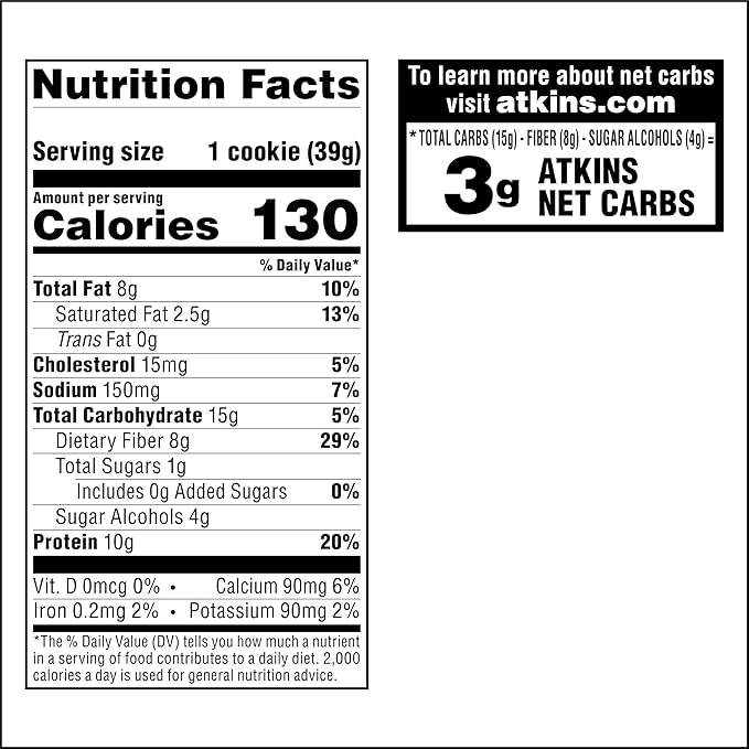 Atkins Peanut Butter High Protein Cookie, Keto Snacks, 3g Net Carb, 1g Sugar, Low Sugar Snacks, Low Carb Treats, 4 Count