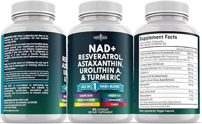 NEW AGE NAD+ Supplement - Astaxanthin, Urolithin A, Resveratrol, CoQ10 & Antioxidant Blend – Cellular Energy, Mitochondrial Support – Vegan, Non-GMO- 60 Count