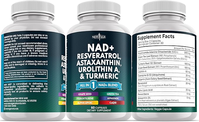 NEW AGE NAD+ Supplement - Astaxanthin, Urolithin A, Resveratrol, CoQ10 & Antioxidant Blend – Cellular Energy, Mitochondrial Support – Vegan, Non-GMO- 120 Count