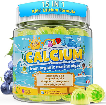 Kids Calcium Gummies + Vitamin D3 (1000IU/2000IU), K2, Magnesium, Phosphorus, Probiotic, Algae Calcium Supplement for Kids 4+ & Teens for Bones & Teeth, Extra Calcium Absorption, Sugar Free, 60 Counts
