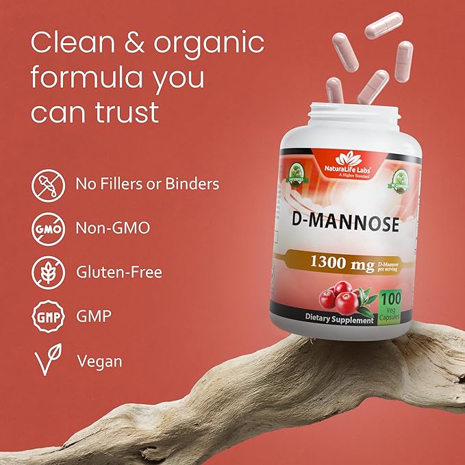 NaturaLife Labs Organic D-Mannose 1300 mg with Organic Cranberry Extract 100 mg per Serving – 100 Capsules – Non-GMO, Gluten-Free, Vegan