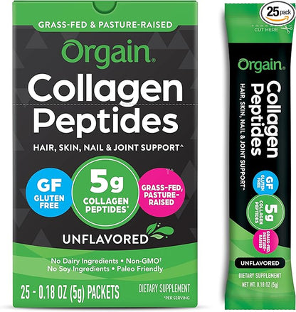 Orgain Hydrolyzed Collagen Peptides Travel Packets For Women & Men - 5g Grass Fed Collagen Per Serving, Hair, Skin, Nail & Joint Support Supplement, Non-GMO, Type I & III - Unflavored (25 Count)