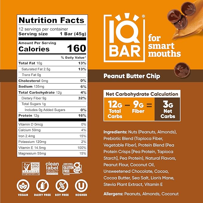 IQBAR Clean Plant Protein Bars - Peanut Butter Chip - 24 Count - Keto, Vegan, High Fiber, Gluten and Dairy Free, Low Sugar Snack - Brain and Body Nutrients for Focus, Energy, Meal Replacement