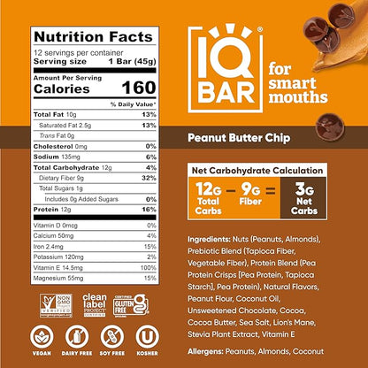 IQBAR Clean Plant Protein Bars - Peanut Butter Chip - 12 Count - Keto, Vegan, High Fiber, Gluten and Dairy Free, Low Sugar Snack - Brain and Body Nutrients for Focus, Energy, Meal Replacement